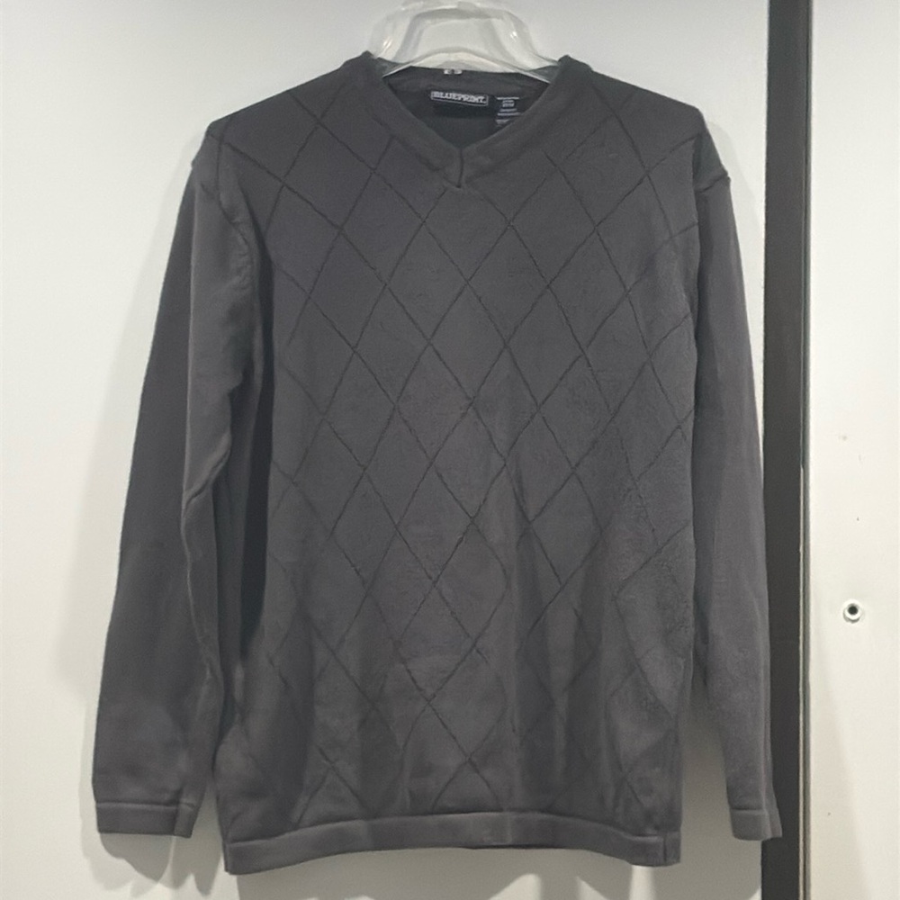 Blueprint 100% Cotton V-neck Gray Knitted Diamond Pattern Sweater Men's Size M !